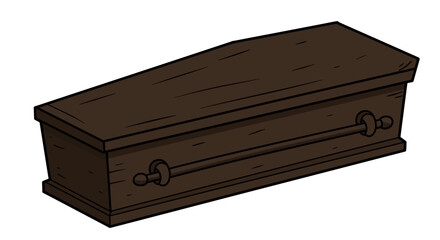 Illustration of a dark brown wooden coffin with metal handles.