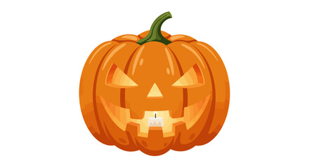 A cartoon illustration of a carved Halloween pumpkin with a candle inside.