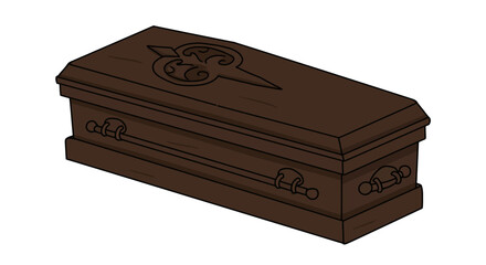 Illustration of a brown coffin with ornate carvings on a white background.