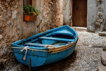Old blue boat in a stony alleyway