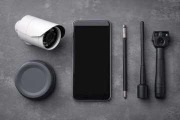 Security system components laid out on a gray surface