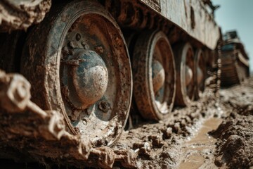 Dirty tank treads in muddy terrain. Close-up view