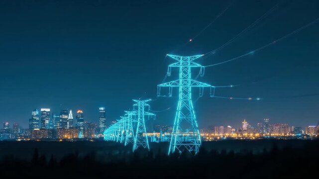 Electric power lines with city skyline digital technology concept for energy infrastructure