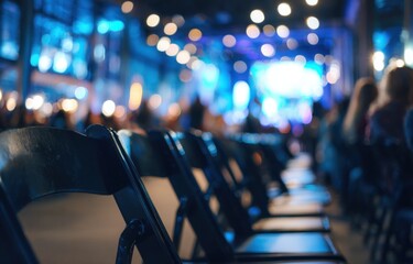 Rows of dark chairs in a dimly lit hall with a blurred background of an event