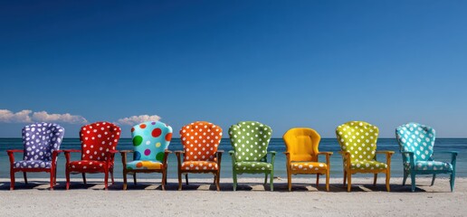 Colorful chairs on a sandy beach under a clear blue sky