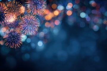 Fireworks display against a dark blue background with bokeh