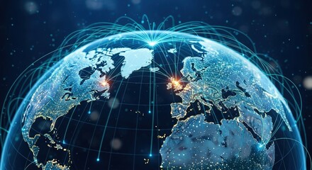 Global Network Connections Over Earth with Bright City Lights and Data Flow Visualization