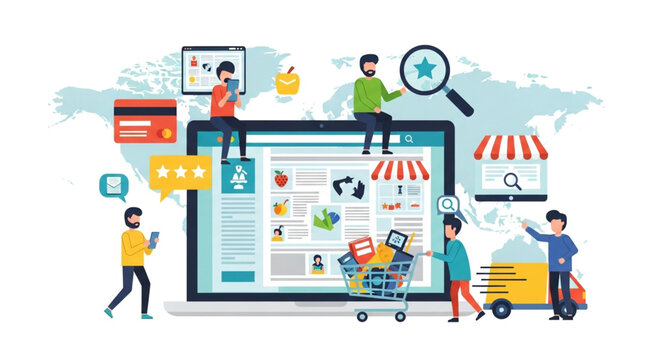 Online shopping concept with people and laptop, ecommerce, online store, shopping cart, delivery, payment, and customer service - Powered by Adobe