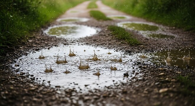 Raindrops falling into puddles on a gravel road after a storm.