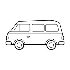 A simple minivan coloring page shows a family van with big windows, smooth wheels, and clear outlines, perfect for kids to color and imagine fun road adventures.