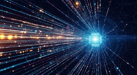 Naklejka premium Futuristic Digital Technology Concept with Light Rays and Microchip on Dark Background