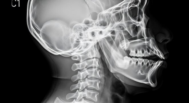 X-Ray Image of Human Skull and Cervical Spine.