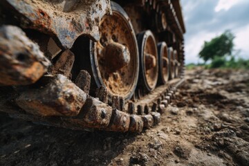 Close-up of a rusty military tank track