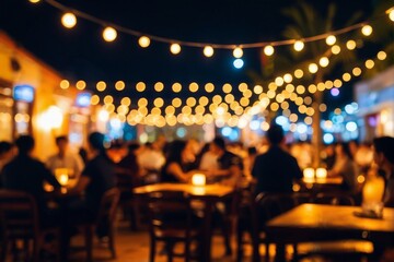 屋外レストランやバーの夜景：ストリングライトと賑わう群衆のぼかし