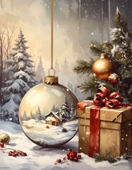 Golden Christmas Ornament and Gift Box in Snowy Winter Forest &ndash; Festive Holiday Scene with Warm Light and Snowfall