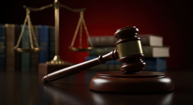 Law and Justice Concept: Gavel, Scales of Justice, and Stack of Law Books on a Dark Background in a Courtroom or Office

