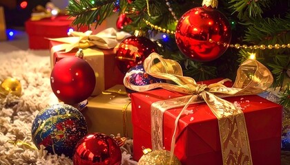 Christmas Gift Box Under Festive Tree &ndash; Holiday Decoration with Golden Present, Ornaments and Snowy Lights