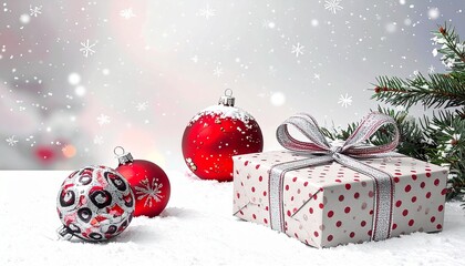 Christmas Gift Box Under Festive Tree &ndash; Holiday Decoration with Golden Present, Ornaments and Snowy Lights