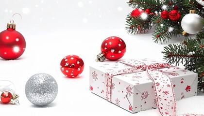 Christmas Gift Box Under Festive Tree &ndash; Holiday Decoration with Golden Present, Ornaments and Snowy Lights