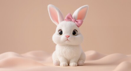 Fototapeta premium Adorably Cute Fluffy White Bunny Rabbit with Pink Bow on Pastel Background