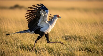 Secretarybird running with wings spread in golden savanna grass.