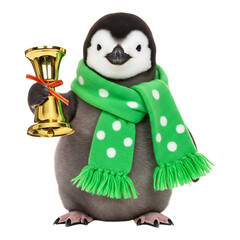 Cute penguin holding Christmas bell, wearing green scarf and smiling in winter festive style