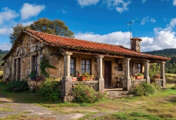 Obraz premium Rustic stone cottage under a partly cloudy sky