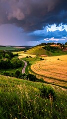 Obraz premium Rolling hills with winding road under dramatic sky