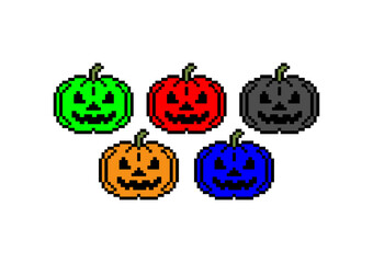 Colorful pixel art pumpkins in green, red, black, orange, and blue, each with a smiling jack-o’-lantern face, perfect for festive Halloween digital designs.