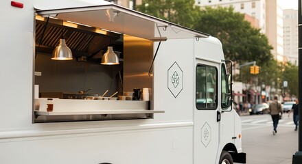 Modern food truck parked on city street ready to serve customers