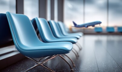 Airport waiting area with blue chairs.  Plane in flight