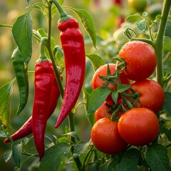 Fresh red chili peppers and ripe tomatoes growing on plant in garden
