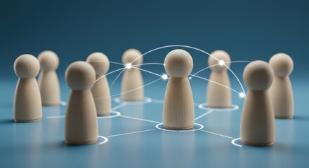 Teamwork and Leadership Concept with Connected Wooden Figures on Blue Background