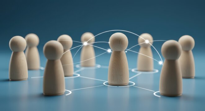 Teamwork and Leadership Concept with Connected Wooden Figures on Blue Background