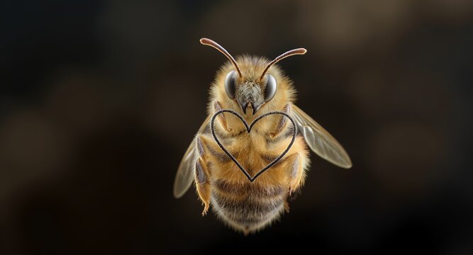 Close-up of a bee holding a heart shape with its legs