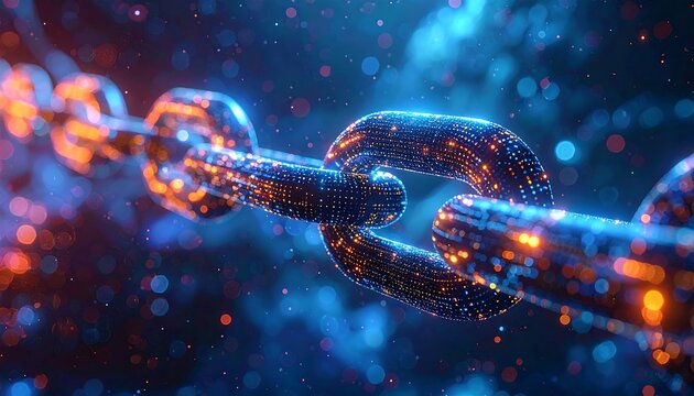 Close-up of a digital chain glowing with orange and blue light