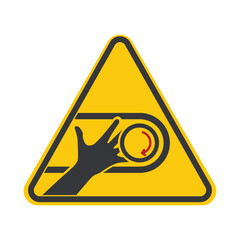 Isolated caution sign rotating machinery hazard, reminding workers to keep fingers and hands away to prevent industrial injury.