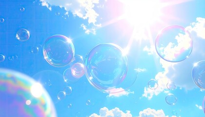 Sunlit Sky Filled with Floating Bubbles Under a Bright Day with Puffy White Clouds and Gradient Blue Color Creating a Dreamy Atmospheric Backdrop