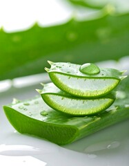 Close-up of sliced aloe vera leaf with water droplets