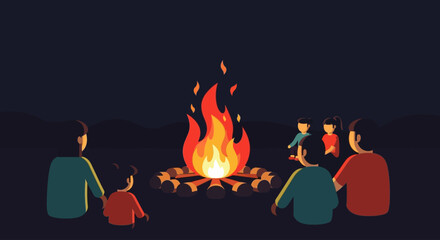 A warm flat design vector illustration showcasing a stylized bonfire with geometric flames, surrounded by simplified human figures enjoying the warmth and community of Bonfire Night. 