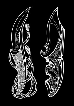 Boho chic ritual daggers with ornate carving and rope elements. Hand drawn mystical knives illustration in black and white. Magical weapon design for pagan altar, witchcraft decor, fantasy art and occ