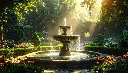 Sunlit Garden Fountain with Lush Greenery and Floral Accents in Warm Sunlight