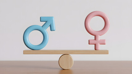 Gender equality balance showcasing male and female symbols on seesaw for equal rights