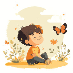 Young Boy Plays With A Butterfly On A Sunny Day While Resting Outdoor , vector style simple color
