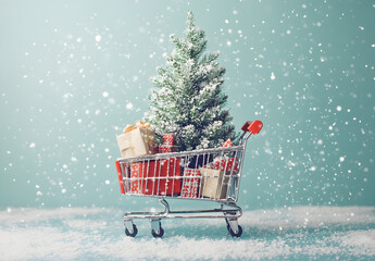 A Christmas tree in a shopping cart, surrounded by gifts, set against a light blue background.