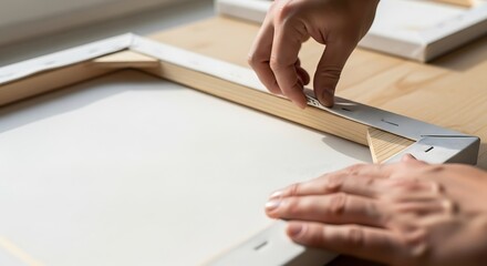 Obraz premium Stretching canvas on wooden frame for painting, art creation process.