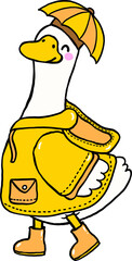 Cartoon Porch Goose Wearing Raincoat and Umbrella Hand Drawn