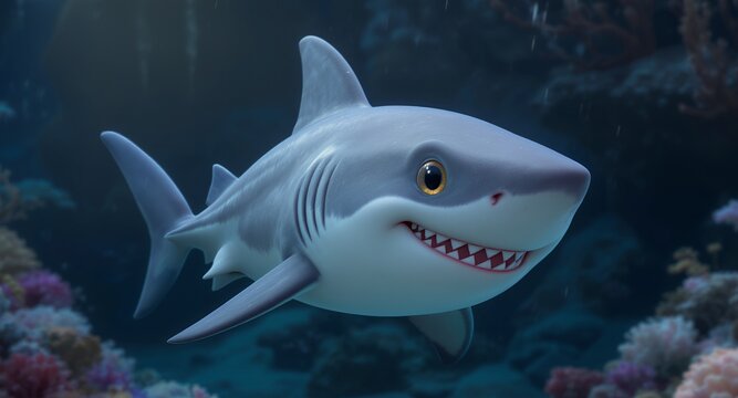 Friendly Cartoon Shark Swimming in Coral Reef - Powered by Adobe