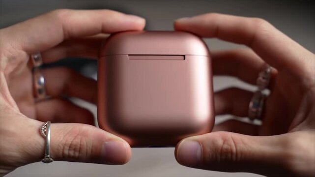 A person's hands gently holding a sleek rose gold charging case for wireless earbuds, symbolizing the personal connection to music and modern mobile technology