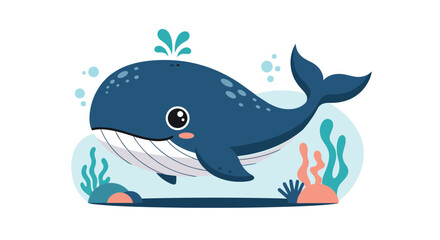 Obraz premium A cute cartoon blue whale swimming in the ocean with plants.